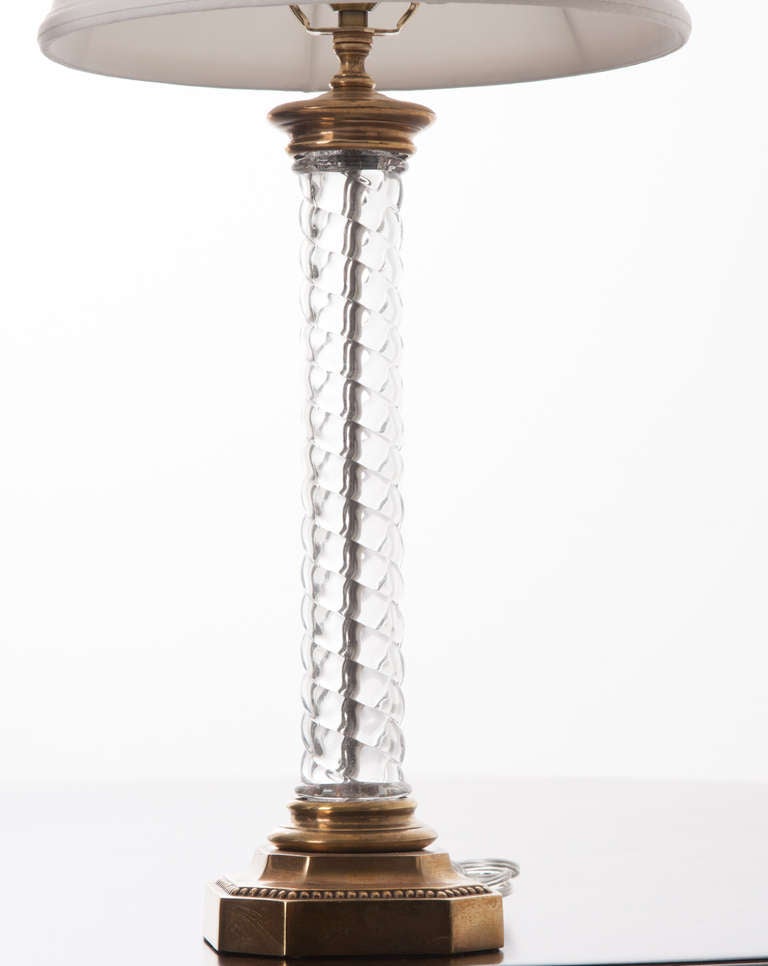 French Mid Century Brass and Glass Lamps with Linen Shades at 1stdibs