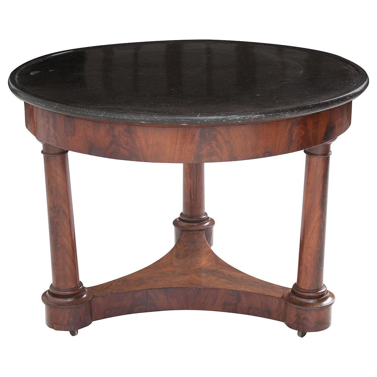 French 19th Century Empire Flame Mahogany and Marble Center Table