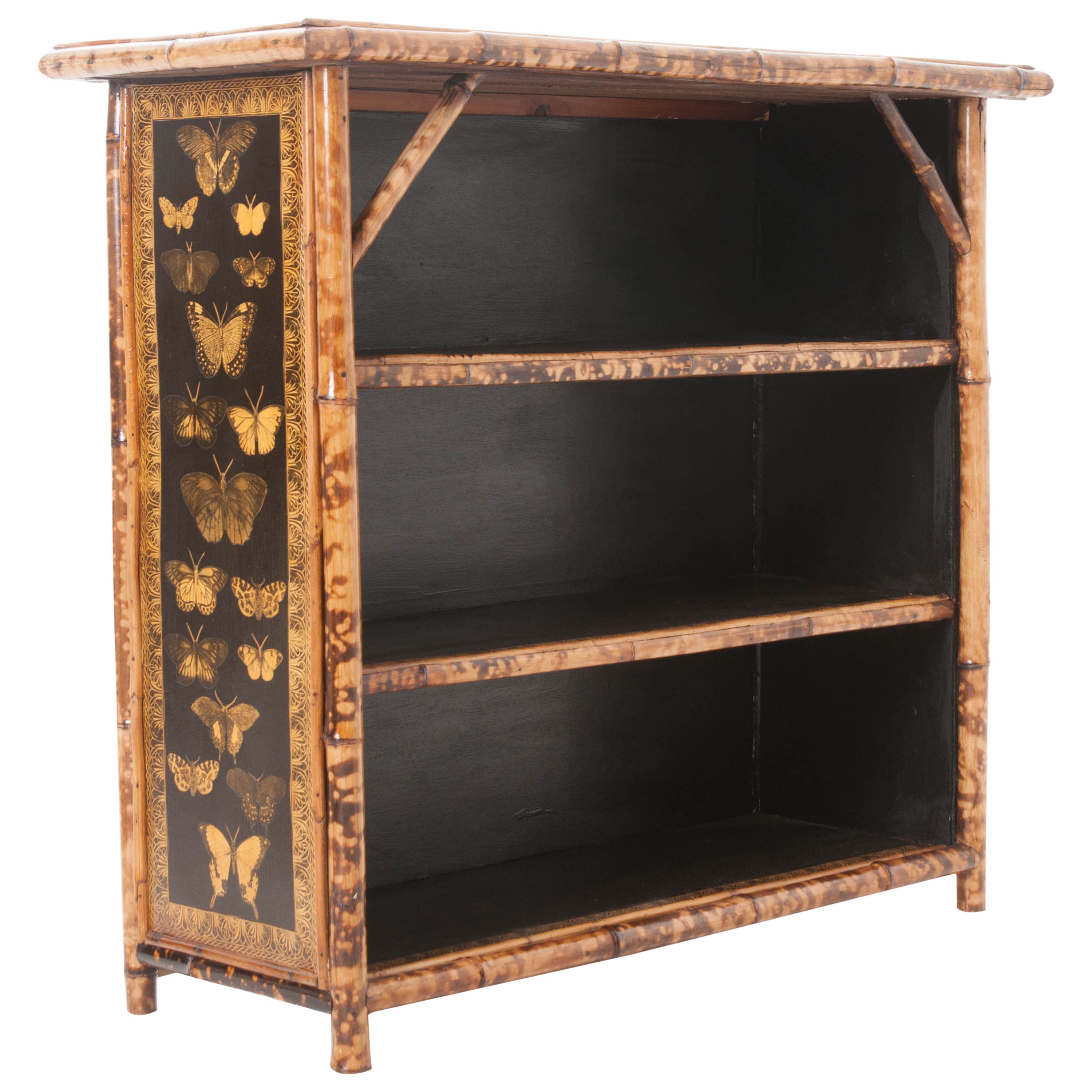 English 19th Century Bamboo & Decoupage Butterfly Bookshelf