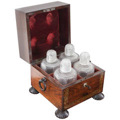 English Rosewood & Brass Inlay Decanter Box With Original Crystal Decanters