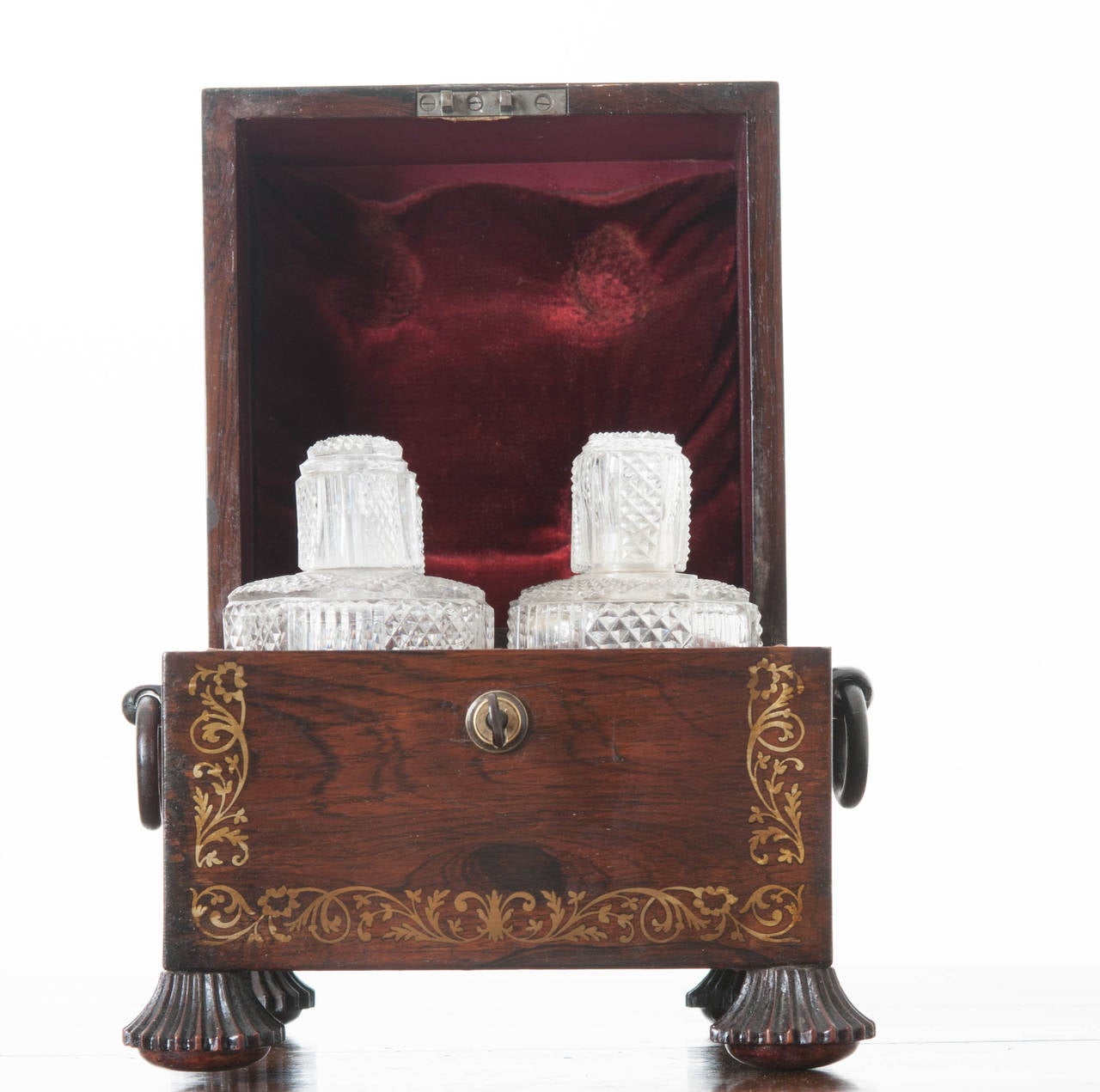 English Rosewood & Brass Inlay Decanter Box With Original Crystal Decanters 2