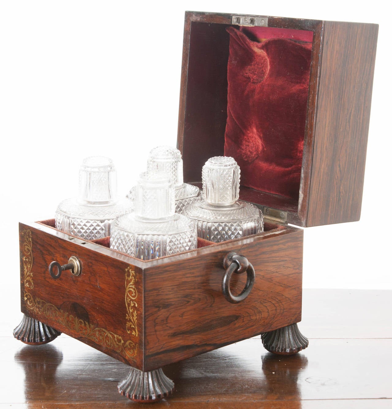 English Rosewood & Brass Inlay Decanter Box With Original Crystal Decanters 1