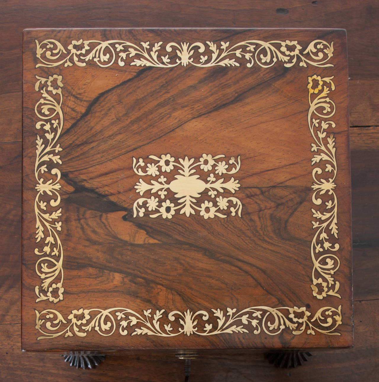 English Rosewood & Brass Inlay Decanter Box With Original Crystal Decanters
