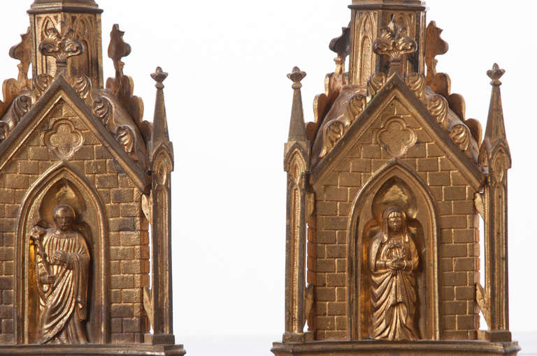 French Pair of 19th Century Gothic Revival Gilt Bronze Altar Candlesticks