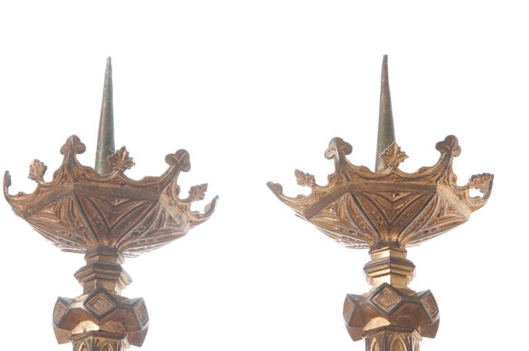 Pair of 19th Century Gothic Revival Gilt Bronze Altar Candlesticks 1