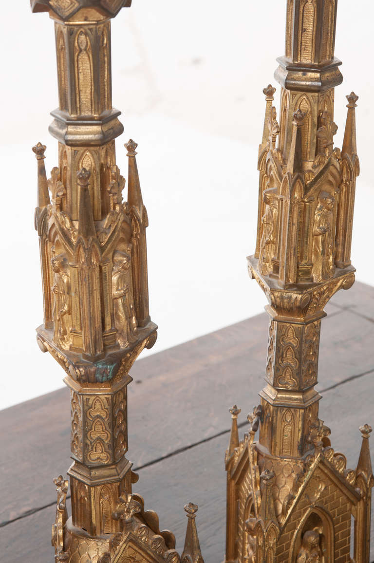 Pair of 19th Century Gothic Revival Gilt Bronze Altar Candlesticks 2