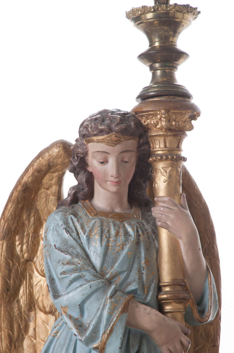 French Pair of European 19th Century Polychrome Angels with Chandeliers