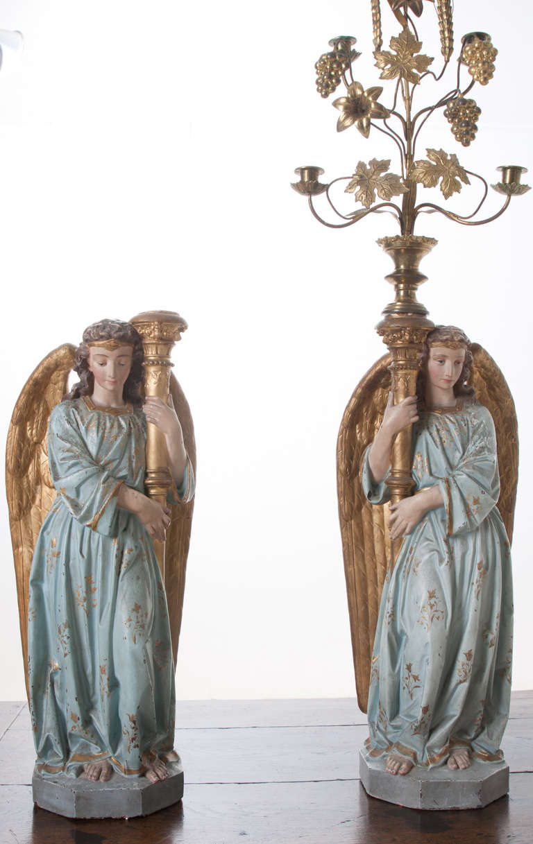 Pair of European 19th Century Polychrome Angels with Chandeliers 2