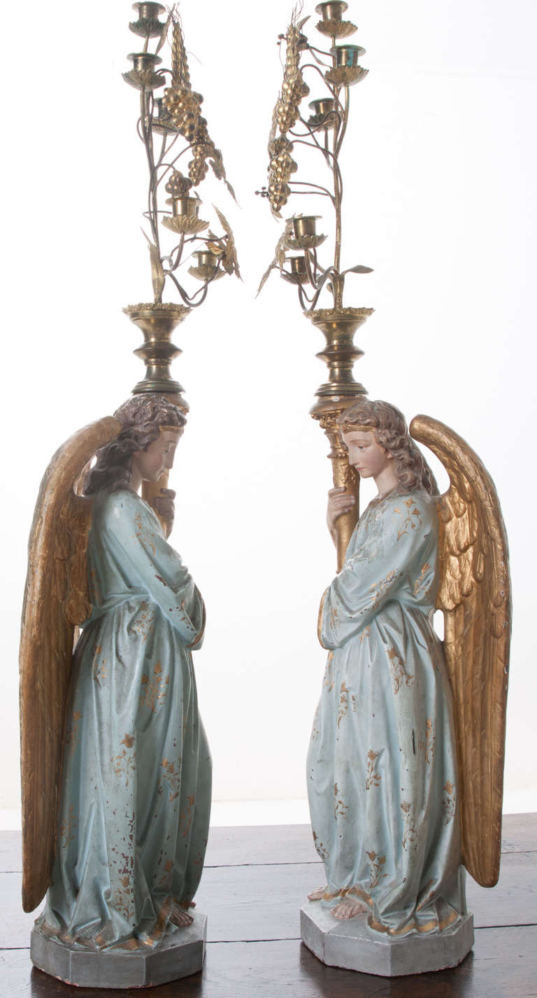 Pair of European 19th Century Polychrome Angels with Chandeliers 4