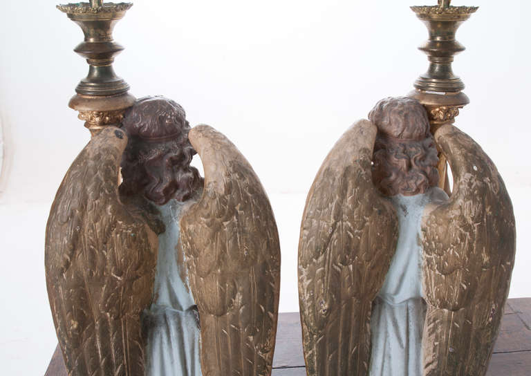 Pair of European 19th Century Polychrome Angels with Chandeliers 5