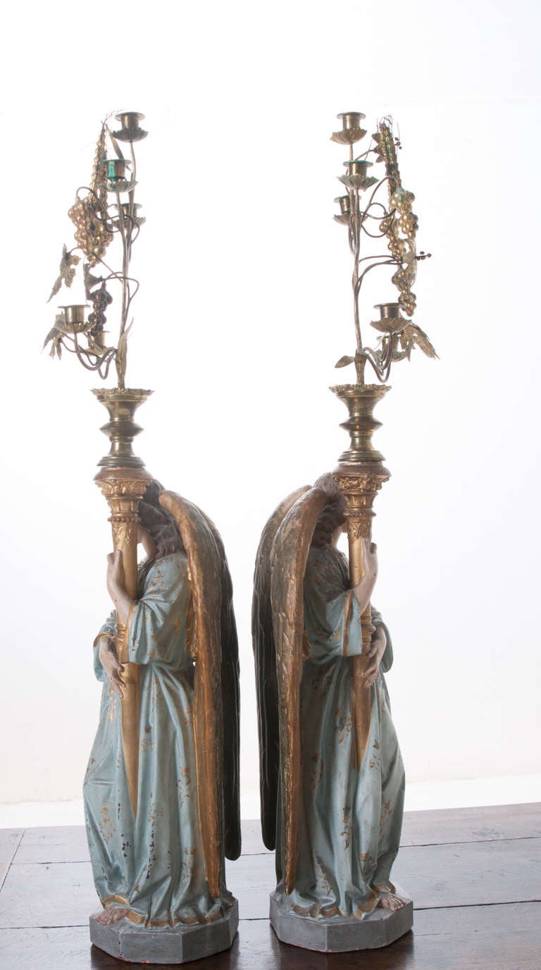 Pair of European 19th Century Polychrome Angels with Chandeliers 6