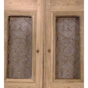 20th Century French Oak Double Doors with Iron & Stained Glass