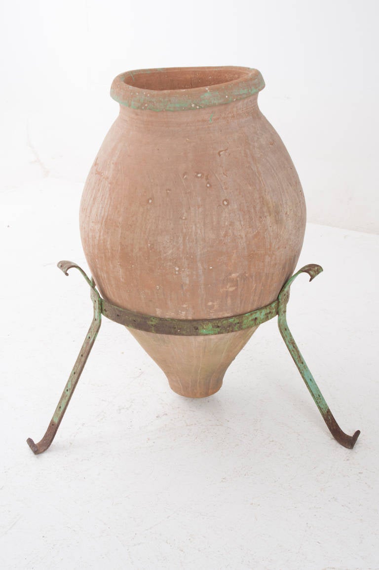 Greek 1920s Large Tapered Terracotta Olive Jar on Painted Stand at 1stdibs