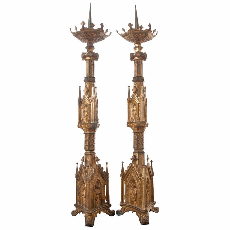 Large Antique Gothic Revival Wooden Church Candlestick With Hand Pair Of 19th Century Gothic Revival Gilt Bronze Altar Candlesticks