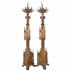Pair of 19th Century Gothic Revival Gilt Bronze Altar Candlesticks 10