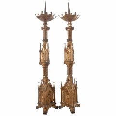 Pair of 19th Century Gothic Revival Gilt Bronze Altar Candlesticks