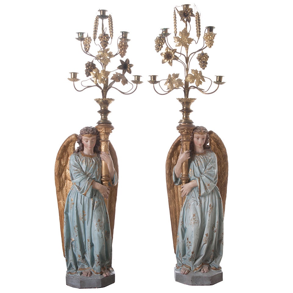 Pair of European 19th Century Polychrome Angels with Chandeliers