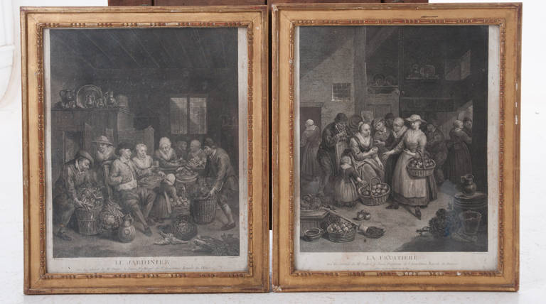 A wonderful pair of detailed lithographs in carved gold gilt frames with old hand rolled glass. 'Le Jardinier' & 'Le Fruitiere' the vegetable and the fruit market. These lithographs were commissioned for the office of Mr. Dupre Le Jiune, professor