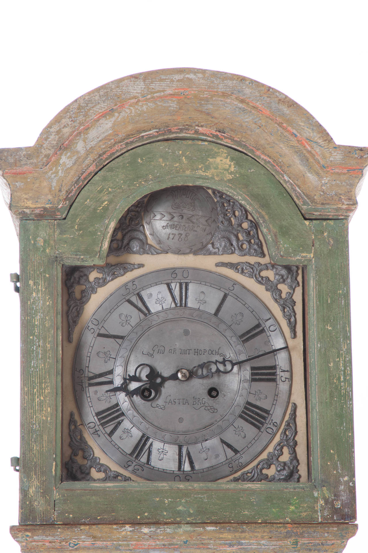 An outstanding Swedish case clock all handmade from 1788. The banjo style case clock is made stacking boards to create the depth as you can see on the detail photos and has been stripped and repainted over many times before. The clock face is made