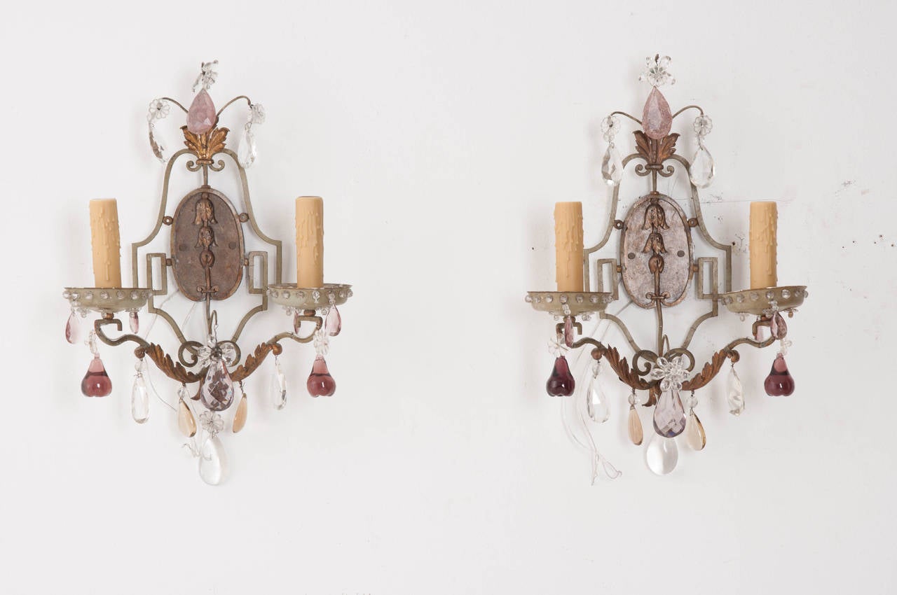 Pair of French Painted and Crystal Sconces 6