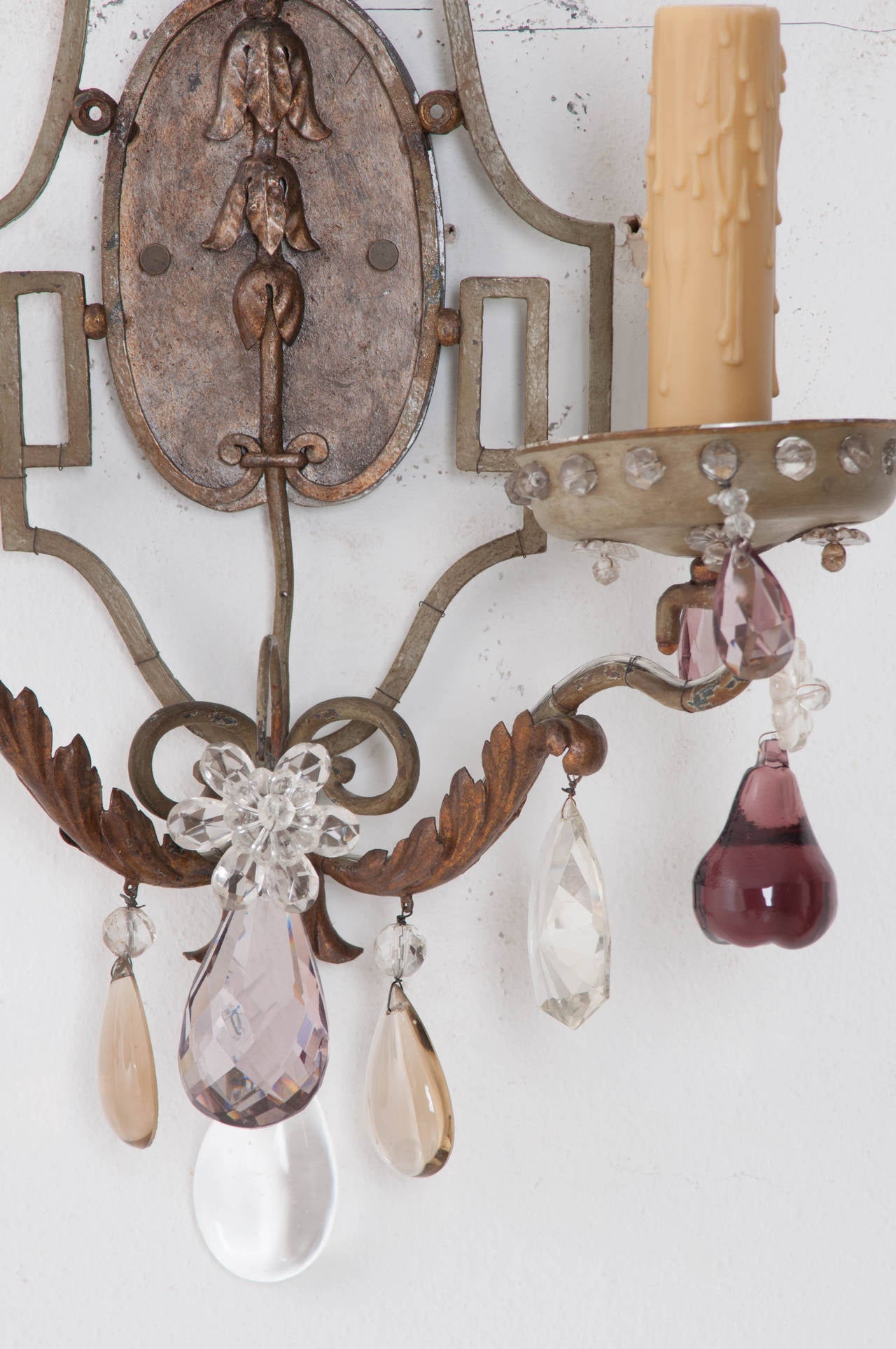 19th Century Pair of French Painted and Crystal Sconces