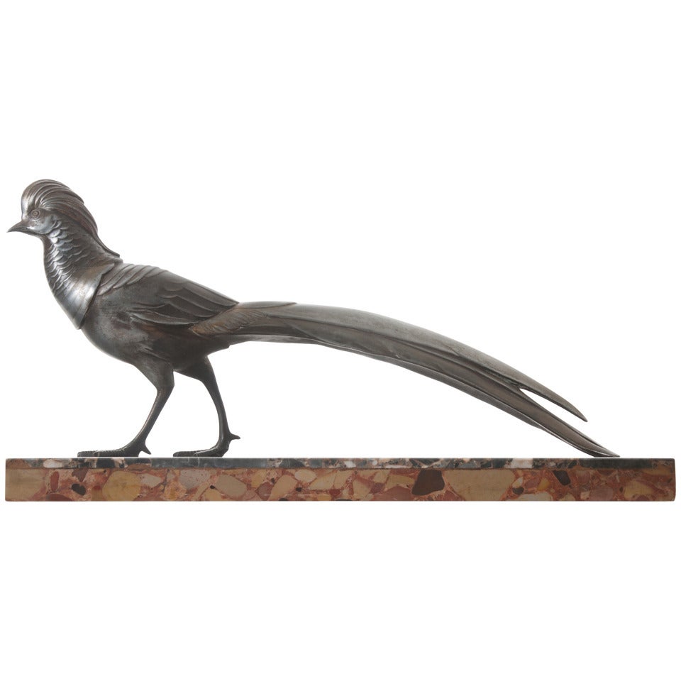 French Art Deco Pheasant Statue on Marble
