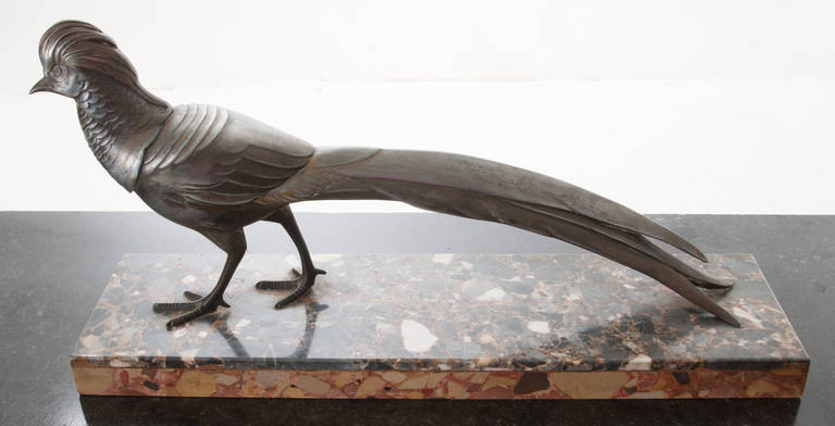 French Art Deco Pheasant Statue on Marble In Good Condition In Baton Rouge, LA
