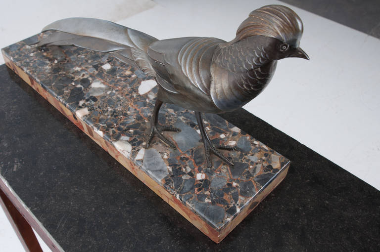 French Art Deco Pheasant Statue on Marble 1