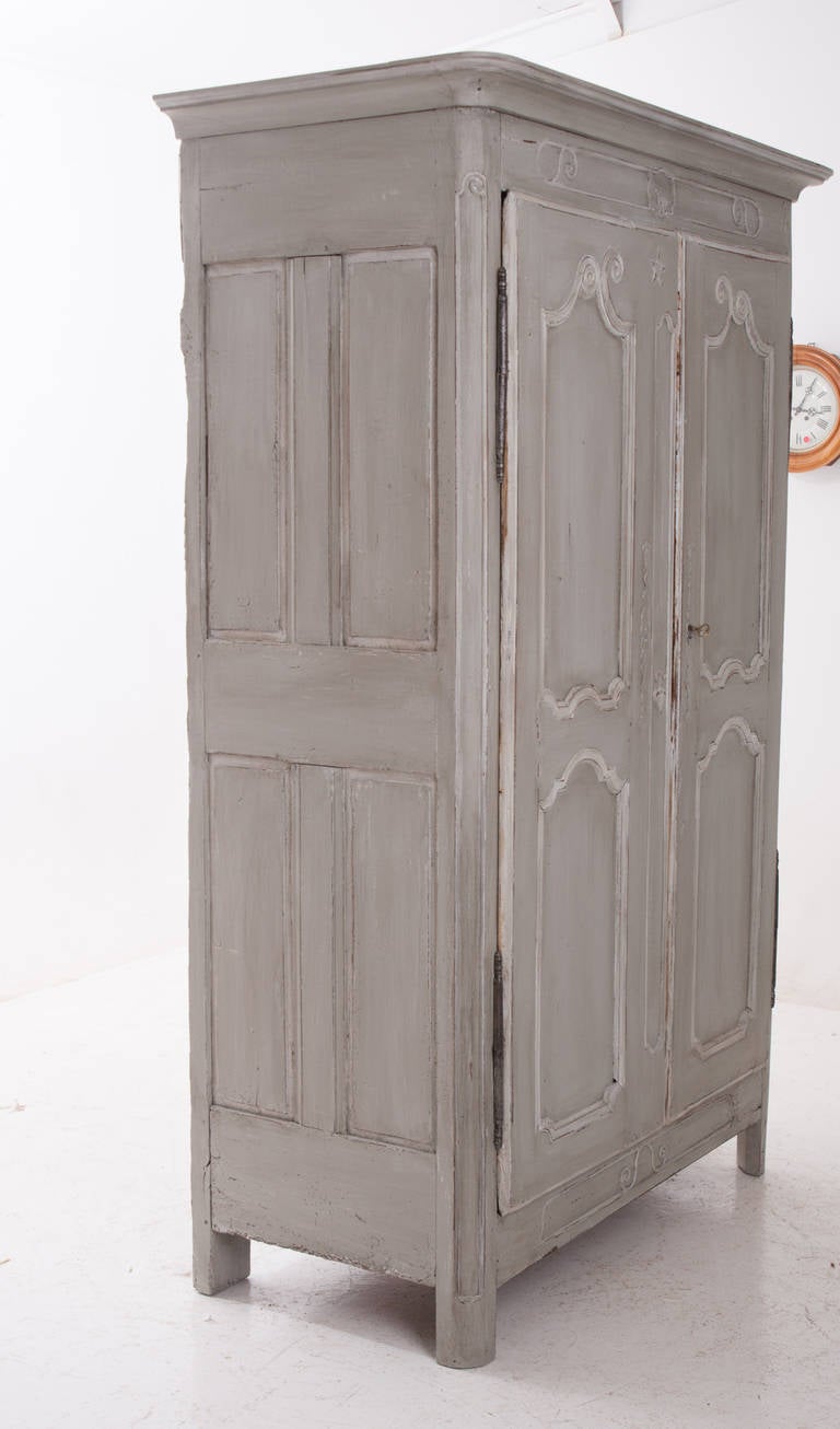 French 18th Century Primitive Painted Fruitwood Armoire In Good Condition In Baton Rouge, LA