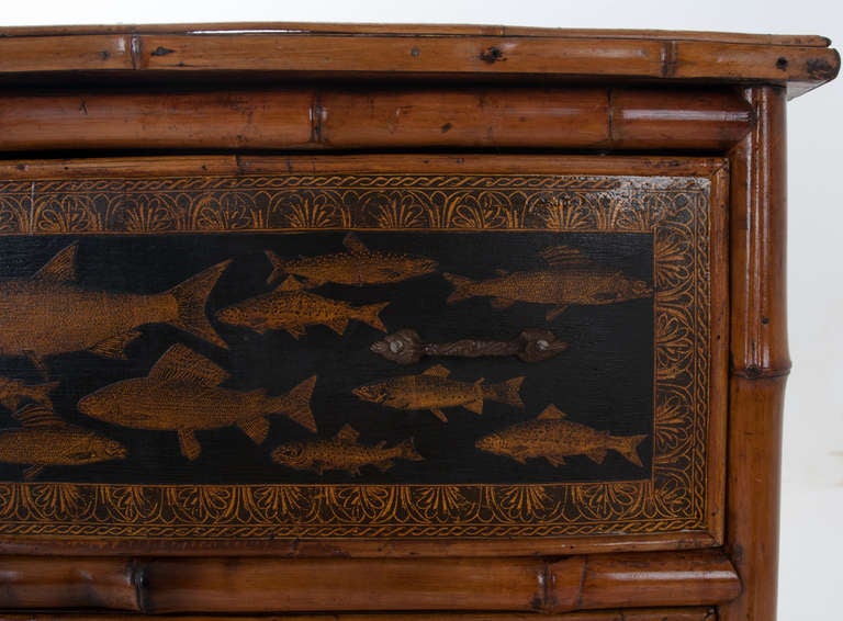 Other English Fish Decoupage Bamboo Chest of Drawers