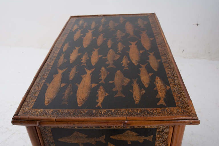 English Fish Decoupage Bamboo Chest of Drawers 1