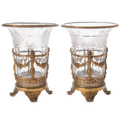 French 19th Century Cut Crystal and Gilt Bronze Pair of Vases