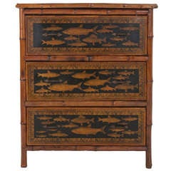 English Fish Decoupage Bamboo Chest of Drawers