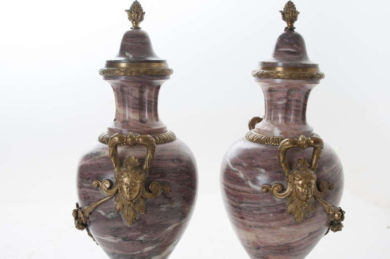 French 19th Century Pair of Purple Marble & Bronze Cassolettes 1