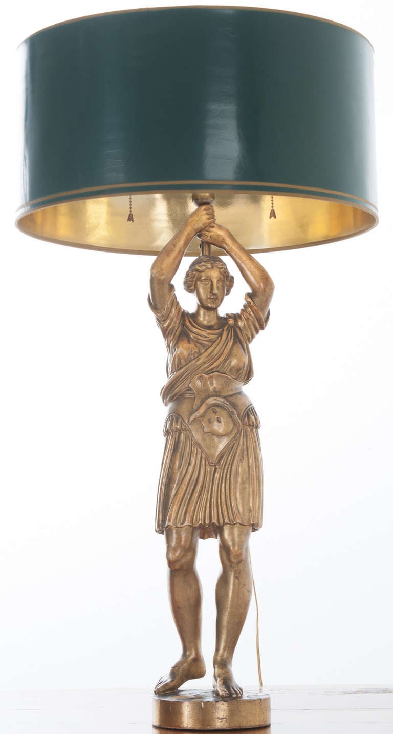 French 19th Century Carved and Gilt Roman Lady Lamp with Tole Shade In Good Condition In Baton Rouge, LA