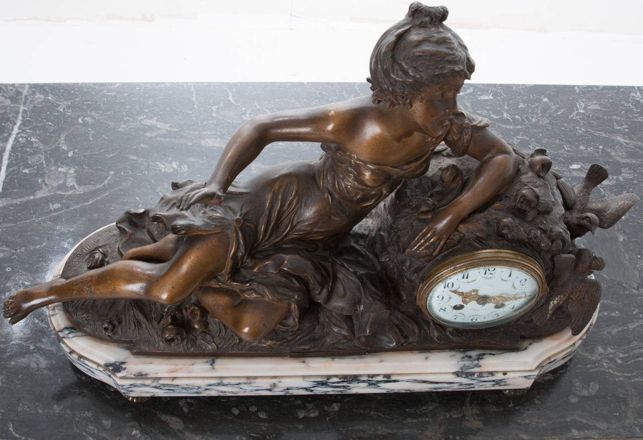 French Metal & Marble Mantle Clock by F. Moreau 