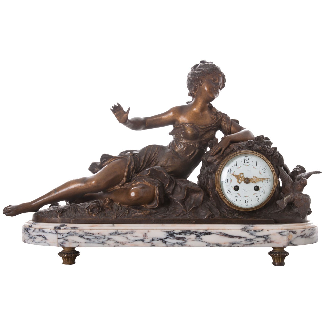 French Metal & Marble Mantle Clock by F. Moreau "Les Tourterelles"