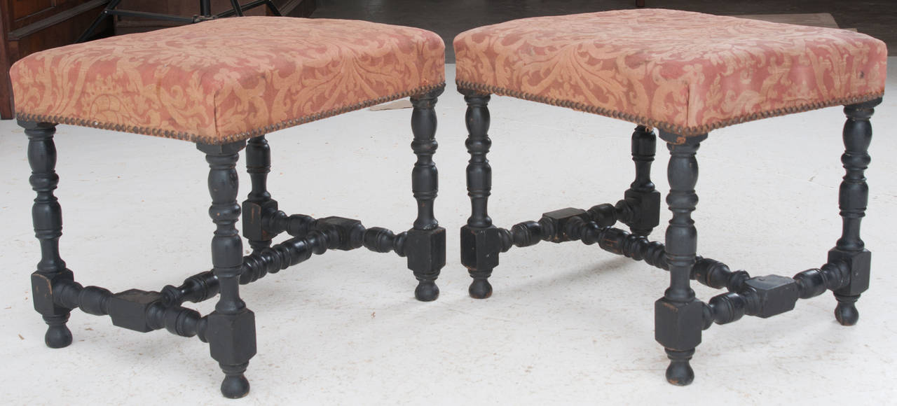 French Pair of 1920's Wood Turned & Upholstered Stools In Good Condition In Baton Rouge, LA