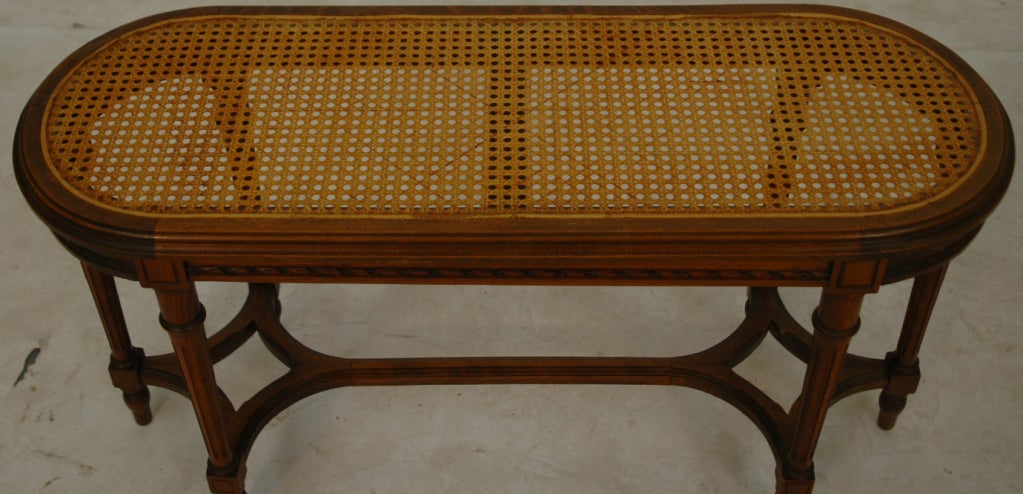 French walnut 19th century oval bench in the Louis XVI style - woven oval cane top. Wonderful carved twisted ribbon surrounded the top plinth - six fluted legs all tie together with interesting pierced stretchers.