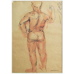 Vintage "Standing Male Nude, " Important Drawing with Watercolor by Jared French