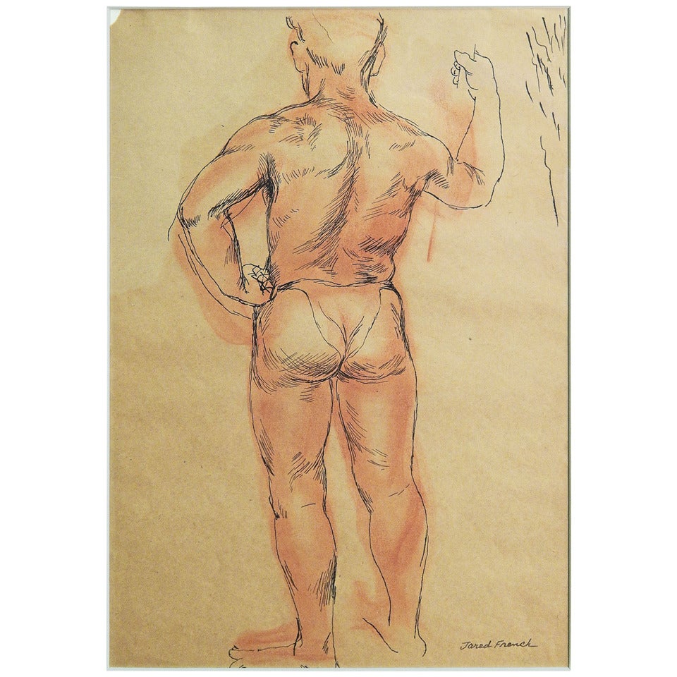 "Standing Male Nude, " Important Drawing with Watercolor by Jared French