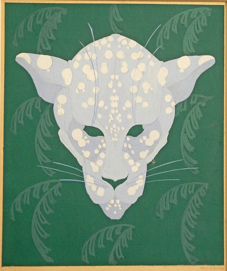 This striking painting presents a fantastical leopard in a shade of periwinkle superimposed over a brilliant backdrop of stylized palm fronds in a vivid shade of green. The colors are as fresh as they day they were painted, in the late 1920s or