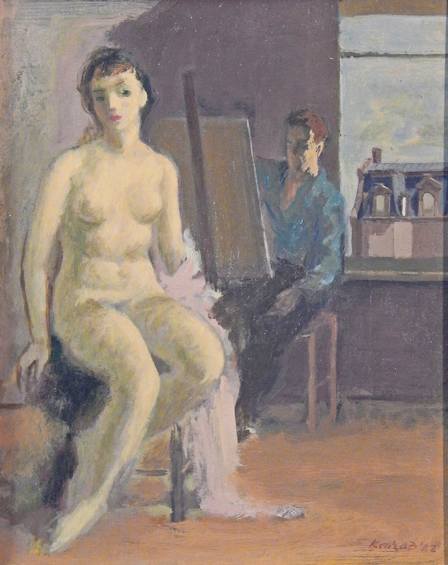 "Artist and Nude Model" Painting by Adolf Konrad, 1952