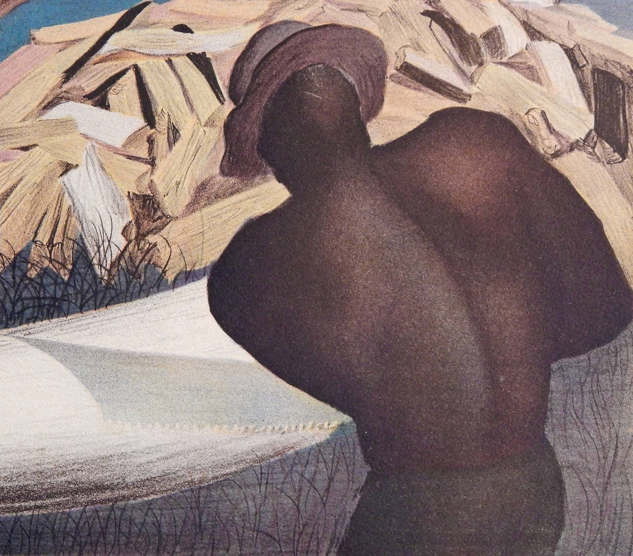 "Wood Choppers, " Rare Color Lithograph by Buell Whitehead, 1930s