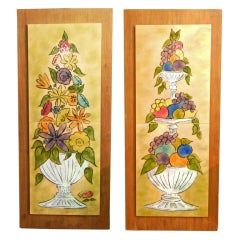 Pair of Fine Panels with Fruit and Flowers, Enamel on Walnut