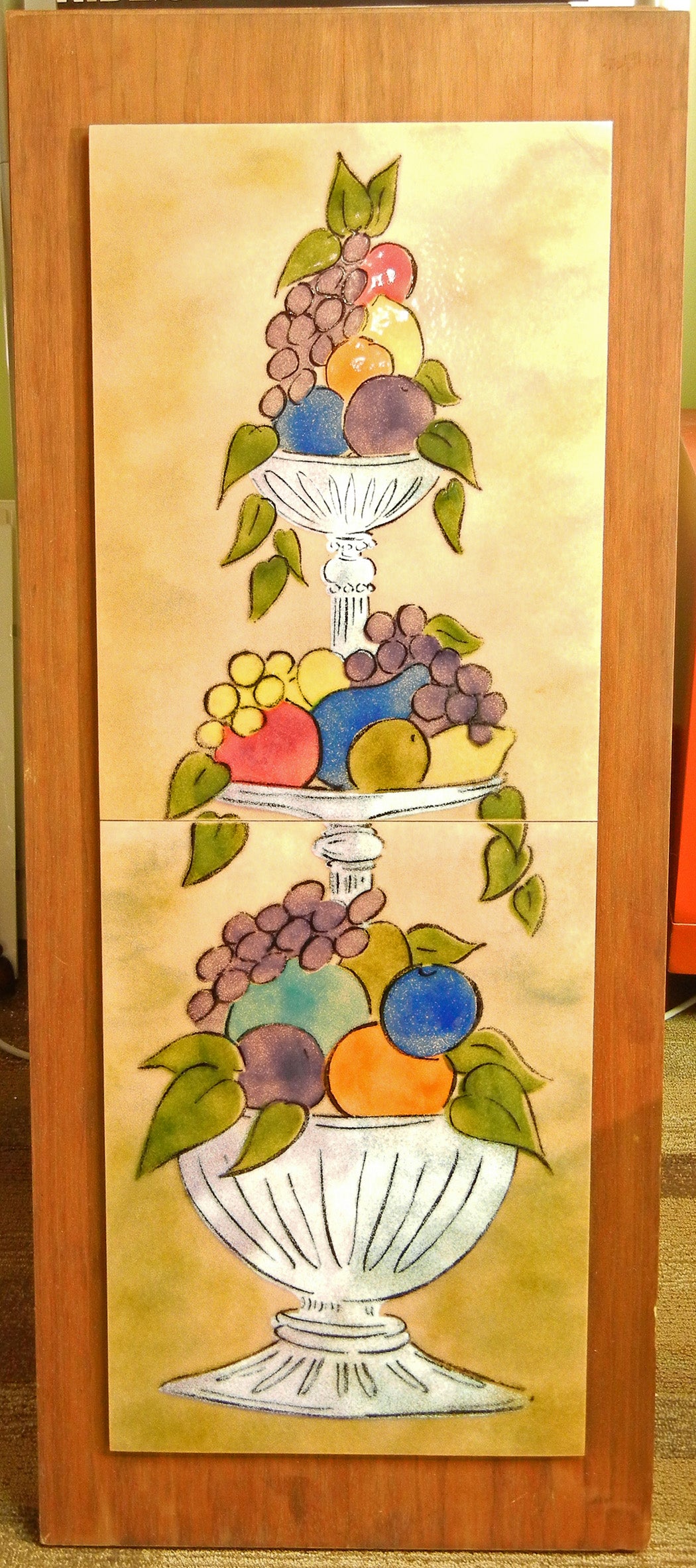 Pair of Fine Panels with Fruit and Flowers, Enamel on Walnut For Sale