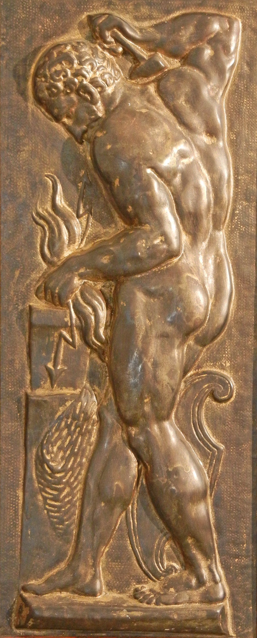 "Vulcan and Chronos, " Rare Gilded Iron Panels with Nude Males