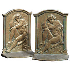 Seated Nude Male Bookends with Fine Bas Relief Detail 5