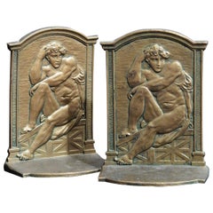 Antique Seated Nude Male Bookends with Fine Bas Relief Detail