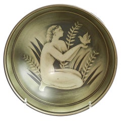 Vintage "Nude with Dove, " Rare Art Deco Bowl by Nylund for Rorstrand